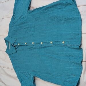 Tommy Bahama Mens Button Down Linen Short Sleeved Teal Light Checker Design Med